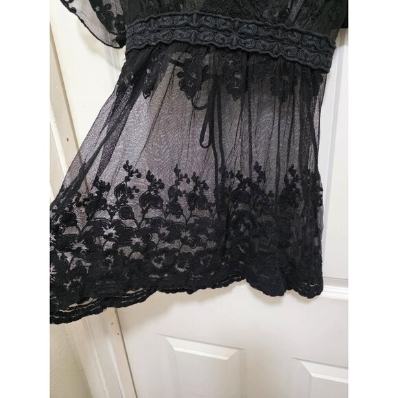 Sheer Black Floral Lace Cover-Up Beachy Festival V-Neckline & Waist Tie For Wome - Picture 5 of 6